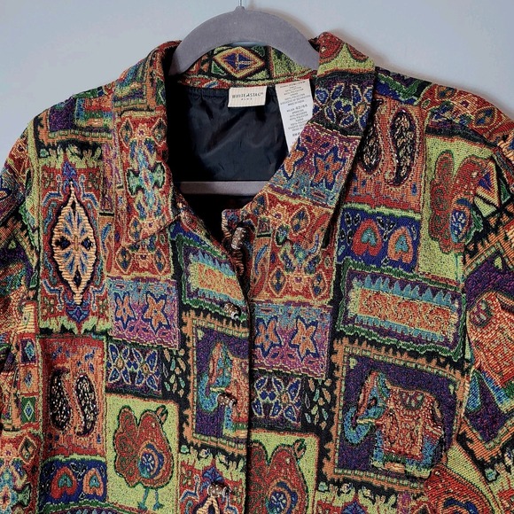 Vtg Tapestry Jacket Womens White Stag Sz 22W Patchwork Statement Beaded 90s - Picture 3 of 11